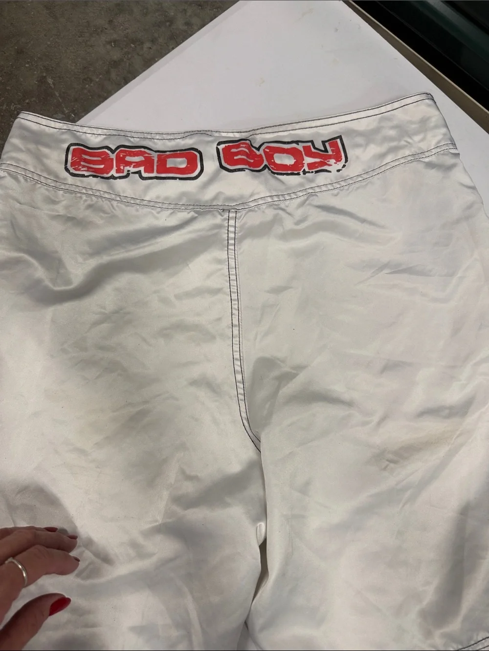 Men’s White Board Shorts with Red Logo Accents